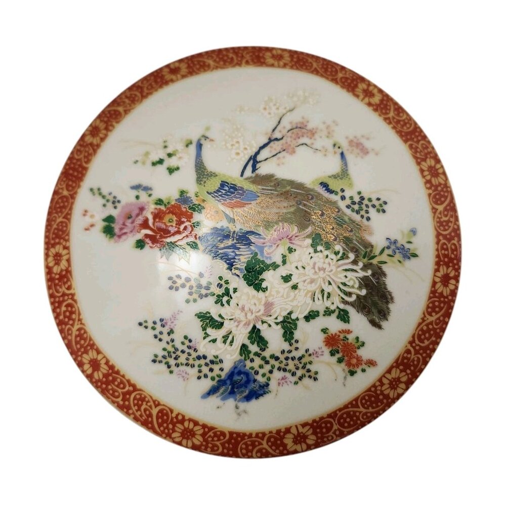 Satsuma Japan Vintage Heritage Mint Trinket Box - Peacock and Floral Designs